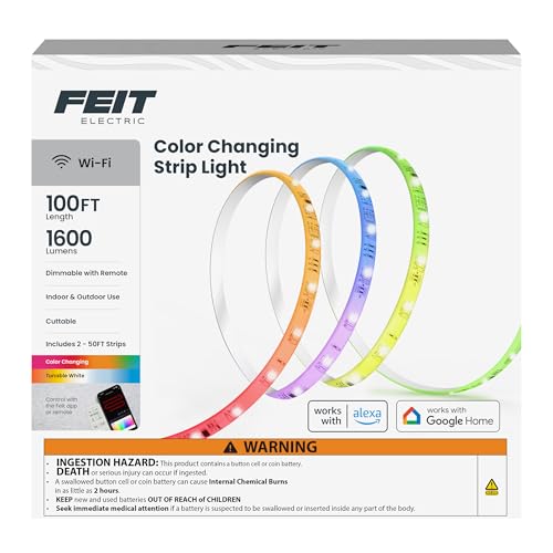 Image of Feit Electric Smart LED Strip Light, 100 Ft, Color-Changing RGB + Tunable White, 2.4GHz Wi-Fi App & Remote Control, Alexa & Google Home Compatible, Flexible Light Strip, TAPE100 /RGBW /AG