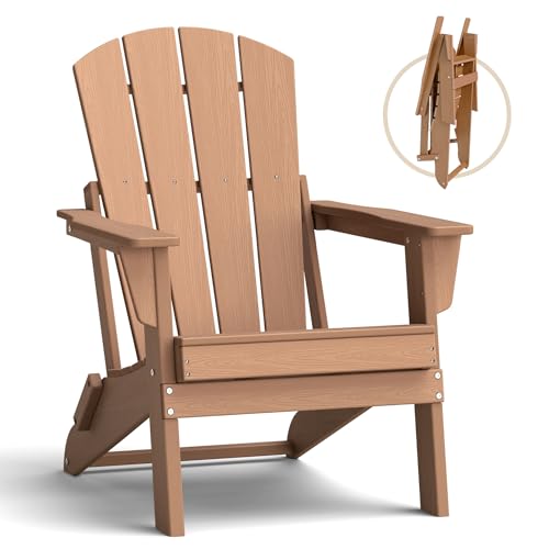 Image of Folding Adirondack Chair, Lightweight & Portable HDPE Patio Chair, All-Weather Space-Saving Foldable Fire Pit Seating for Camping, Backyard, Deck-Cedar