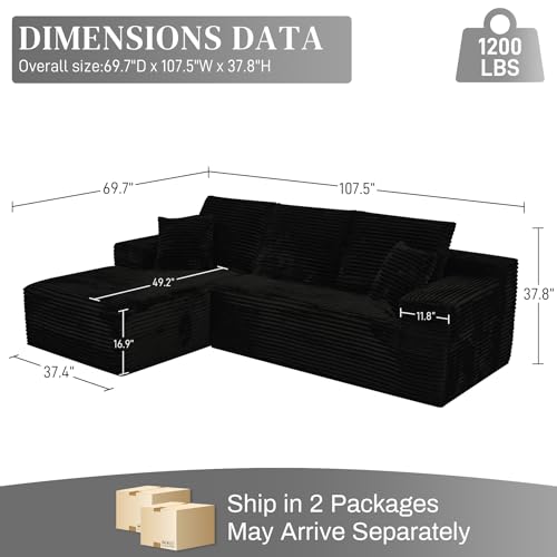 Image of 108 inch Boneless Couches for Living Room, L Shaped Comfy Cloud Modular Sectional Memory Foam Deep Seat Boneless Couch, No Assembly Required Corduroy Sofa for Living Room with Left Facing Chaise, Black