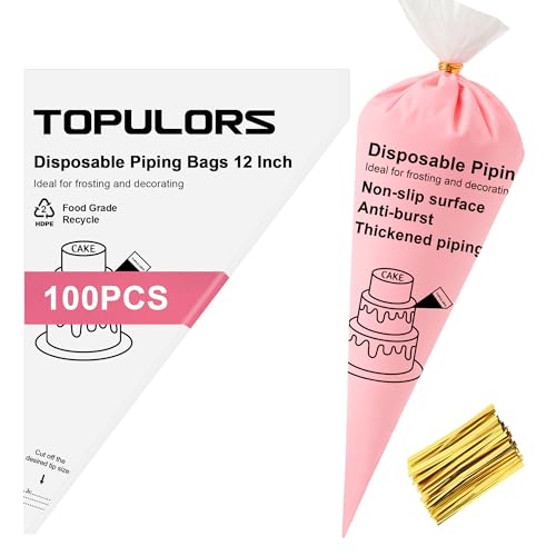 TOPULORS Disposable Piping Bags 12" Height - 100 PCS Pastry Bags - Tipless Icing Piping Bags for Frosting - Ideal for Cakes and Cookies Decorating Supplies - Extra Thick, Anti Burst, and Non-Slip