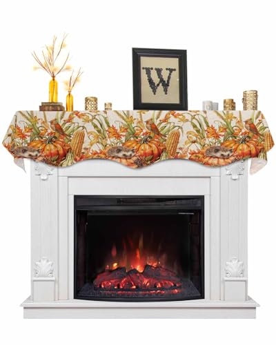 Fall Pumpkins Fireplace Mantel Scarf Cover, Thanksgiving Autumn Orange Beige