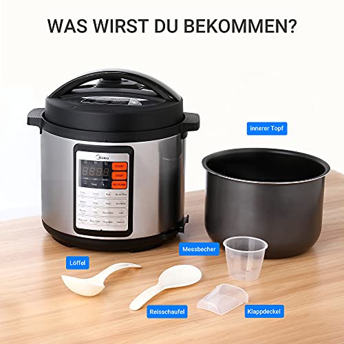 Midea Pentola a pressione elettrica da 5,5 l, 14 in 1, 1000 W, pressione elettrica del vapore, cuoci riso, pentola a vapore, pentola a pressione, cottura a vapore, in acciaio inox - immagine 4