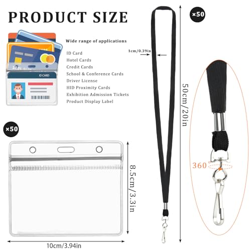 OTYMIOW 50 Pack ID Badge Holder with Lanyard, Black Lanyard with Buckle, Clear Horizontal ID Holder Lanyard Card Holder with Waterproof Resealable Zip, Name Tag Holder for Office, School(3.94*3.3In) by OTYMIOW - Image 2