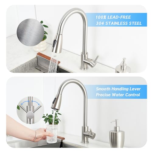 Torneira de cozinha, torneira de pia de cozinha com spray pull-down níquel escovado aço inoxidável m