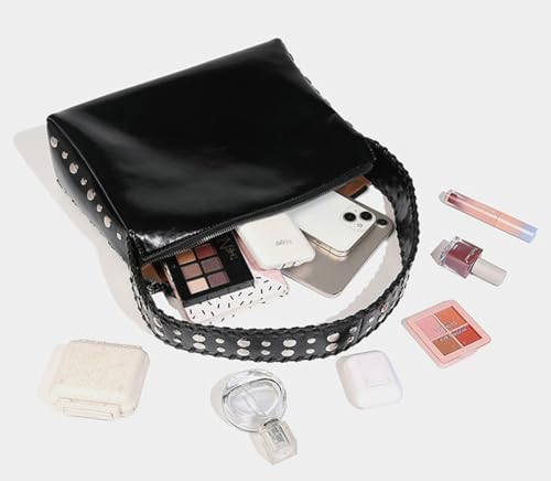 Slouchy PU Leather Hobo Bags Women Trendy Underarm Shoulder Bag Crescent Crossbody Purse Studded Satchel Tote Handbag4