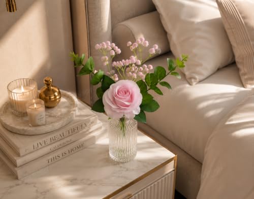 Image of Divyakosh Artificial Pink Rose Flower Bunch with Glass VASE (1 Big Rose + Baby Breath) | Realistic Faux Floral Bouquet with Green Leaves & Baby Breath | Home Decor for Living Room, Bedroom, Office