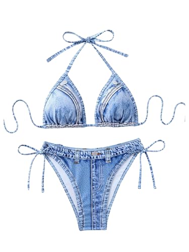 SHENHE Women's Bikini Set Denim Print Triangle Halter Side Tie Swimsuits 2 Piece Bathing Suits Blue Large