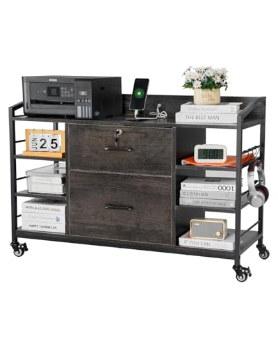 Image of VEVOR 2 Drawers Metal File Cabinet, Lateral Filing Cabinet with Lock and 6 Open Shelves, Wooden Wide Filing Storage Cabinets with Power Strip for Letter, A4, Legal Size File, Easy Assembly, Gray