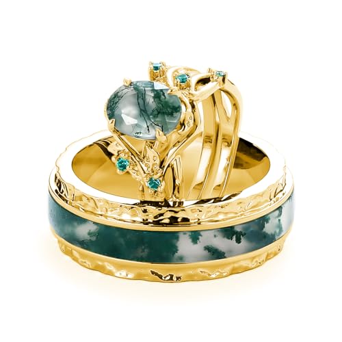 Natural Moss Agate Couple Wedding Rings Sets, S925 10K 14K 18K Oval Cut Moss Agate Engagement Rings Set for Man and Women, Customized His and Her 3pcs Green Promise Bands for Anniversary