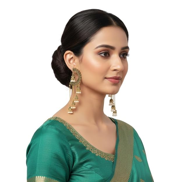 Image of WORLD CRAZE Multicolour long kashmiri jhumka for women chandbali earrings chand baliyan | kashmiri earrings for women | bahubali earrings stylish | Traditional Indian Festive Jewelry | Long Chain Tassels | Pearl Drop Latkan Jewellery (Multi colour)