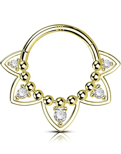 OUFER Gold Daith Piercing Jewelry, 9K Solid Gold Daith Hoop Earring, 16G Clear CZ Design Daith Earrings, Helix Cartilage Septum Piercing Jewelry
