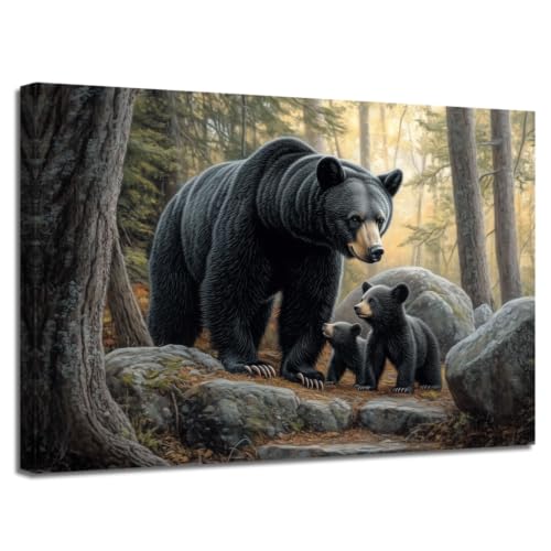 XLMDYYSW Bear Family Wall Art Wildlife Pictures Black Bear Cub Forest Canvas Print Woodland Wild Animal Paintings for Cabin Living Room Bedroom Decor Framed (12L x 18W)