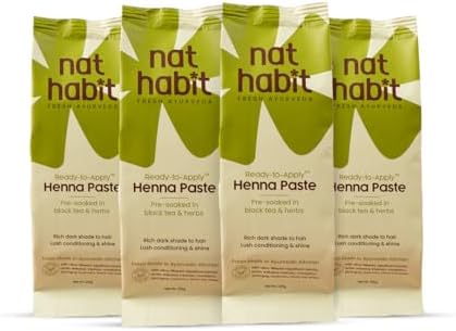 Nat Habit Henna Paste, Pre-Soaked in Black Tea and Herbs, 100% Natural Rajasthani Henna - (Pack of 4 x 220g)