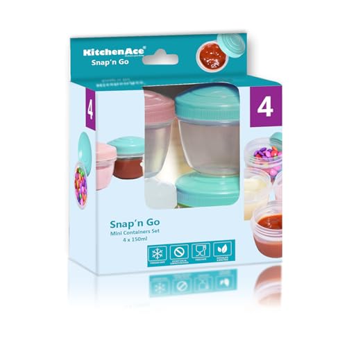 Image of KITCHENACE,Modernise your living Small Plastic Containers 150ml | Ideal for Lunch, Dips, Salad Dressing, Spices, Nuts & Dry Fruits | Airtight, Leakproof, Compact Storage Set of 4 Snap'n Go Assorted