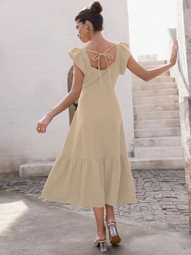 Image of Sugathari Girl's & Women's Solid Color Square Neck, Ruffle-Trimmed Hem Sleeveless, Ruffle Armhole and Casual Dress with Cinched Waist Vacation Outfits Woman (Dress 176)
