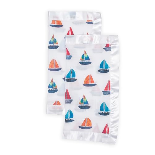 Image of Lulujo Unisex Breathable Cotton Muslin Security Blanket with Silky Satin Trim Neutral Comforting Blanket, 16" x 16", Sailboat