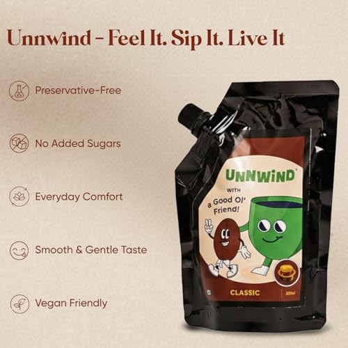 Image of Unnwind Classic South Indian Liquid Coffee 200ml | Chicory Blended Extract (70% Coffee & 30% Chicory) | No Added Sugar, No Preservatives | Vegan Friendly | Makes Up to 20 Cups | Strong & Smooth Filter Concentrate