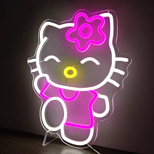 Image of Cheunyar Hello Kit Neon Sign Dimmable Kitty Signs Kawaii Cat Anime Neon Led Sign Room Decor Lights for Girl's Room Child Bedroom Birthday Halloween Christmas Gift 14.7''x12.5''