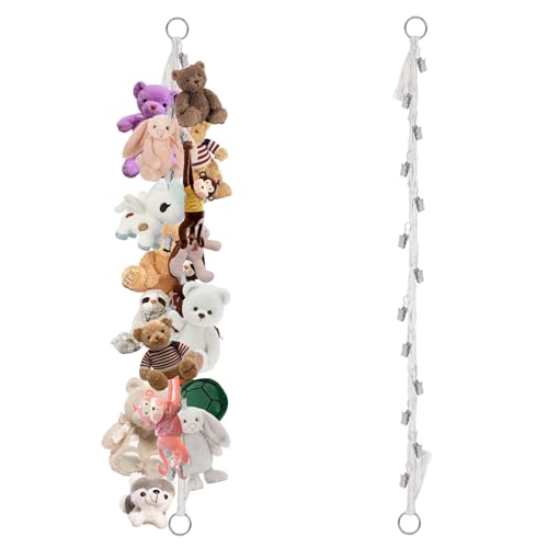 200cm Handgeflochtenes Seil mit 20 clips, Kuscheltier Aufbewahrung, Kuscheltier, Hängematte, Kuscheltiere, Stofftier Aufbewahrung, Netz für Kuscheltiere, Kuschelecke, Raumdekoration(Weiß)
