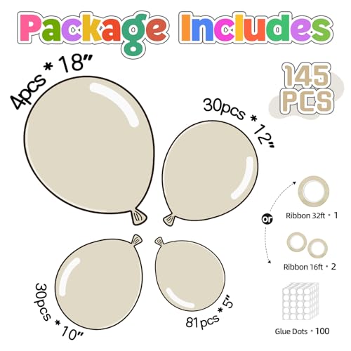 Image of 145pcs Sand White Balloon Garland Kit Different Sizes of 18 12 10 5 Inch Off Cream Beige Pearl Ivory Neutral White Balloons Arch Birthday Party Graduation Wedding Anniversary Baby Shower Decoration