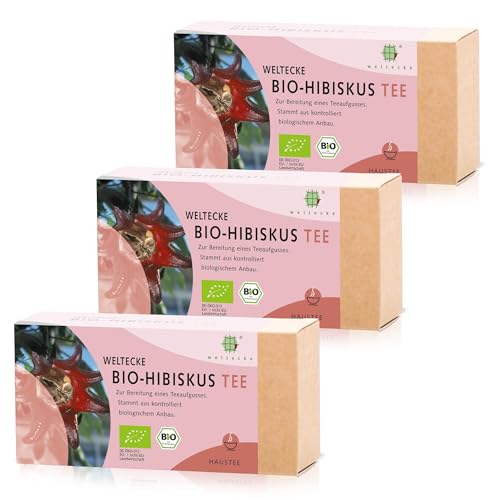 Weltecke Bio-Hibiskus-Tee | 3x25 Teebeutel in Deutschland kontrolliert & hergestellt | Getrocknete Hibiskus-Blüten frisch abgefüllt | Fruchtig-aromatischer Entspannungstee | Hibiscus Tea