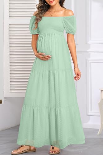 Image of Off The Shoulder Maternity Dress for Baby Shower - Women's Boho Swiss Dot Smocked Puff Sleeve Maxi Dress