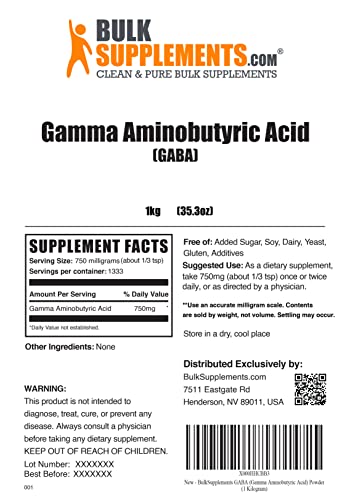 BULKSUPPLEMENTS.COM Gamma Aminobutyric Acid Powder - GABA Calm - GABA 750mg - GABA Supplements - GABA Powder - Focus Aid & Stress Supplements - 750mg per Serving (1 Kilogram - 2.2 lbs) - Thumbnail 2