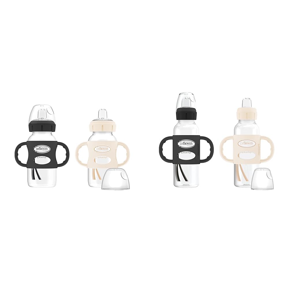 Dr. Brown's Milestones Sippy Spout Bottles, Wide-Neck & Narrow, 100% Silicone Handles, Easy-Grip, 9oz/270mL & 8oz/250mL, Black & Ecru, 2-Pack, 6m+