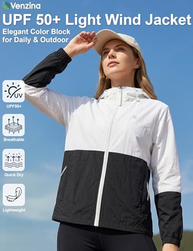 Image of Venzina Women's Loose- Fit Sun Protection Hoodie -UPF 50+ Ultra-Lightweight Wind-Resistant Jacket with Elegant Color-Block Design, Packable & Quick-Dry for Travel, Hiking & Daily Outdoor
