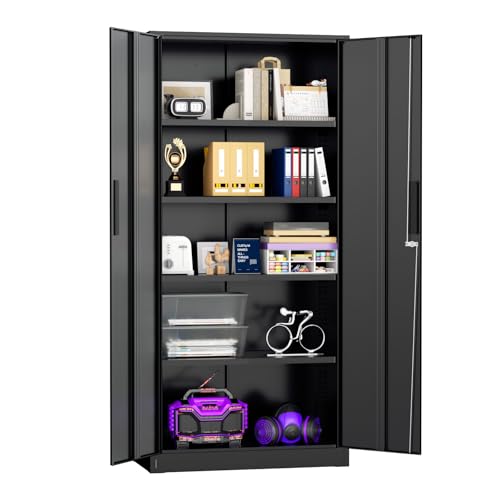 Superday Metal Storage Cabinet, 72" Garage Storage Cabinets with Lock, Black Metal Cabinet with 2 Doors and 4 Adjustable Shelves for Home Office, Classroom, File, Easy Assemble