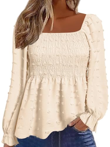 Flamingals Women's Long Sleeve Peplum Blouse Square Neck Cute Elegant Ruffle Smocked Babydoll Shirts Beige M