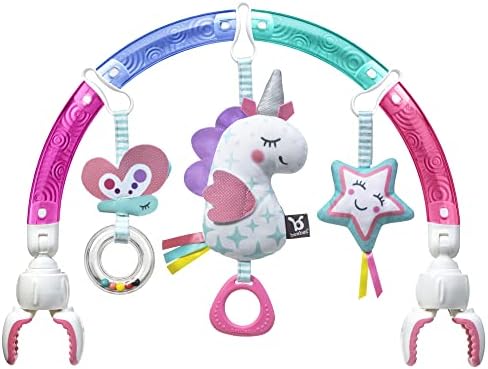 BENBAT Baby Stroller Arch Toy Rainbow Dazzle Friends Play Bar. Fun Newborns Sensory Activity, Adjustable for Bouncers and Car Seat, Unicorn