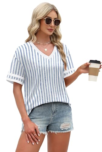 Image of WIHOLL Womens T Shirts Loose Fit Short Sleeve Tees V Neck Color Block Summer Tops 2026 Fashion S-4XL