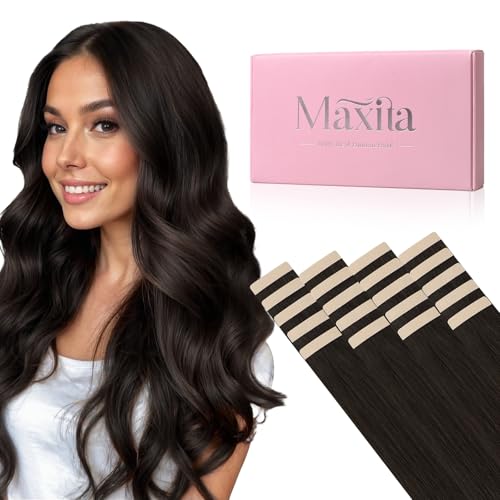 MAXITA Tape in Hair Extensions Human Hair, Dark Brown 18 Inch 50g 20pcs