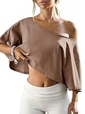 Fisoew Womens Off The Shoulder Cropped Tops Batwing Short Sleeve Workout Shirts Asymmetrical Neck Summer Casual Cotton T Shirts Khaki