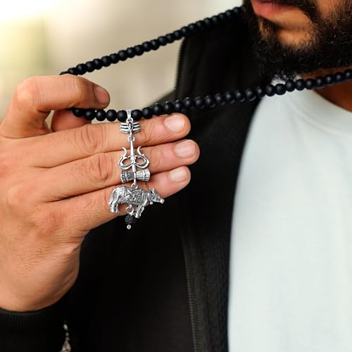 Image of Japam Silver Plated Karungali Mala for Men | Black Wood Spiritual Beads with Trishool Nandi Pendant | Hindu Puja & Meditation Necklace | Certificate of Authenticity