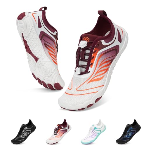 BibHoly Barfotaskor dam herr barfotaskor, snabbtorkande vattenskor, ventilerande simskor, halkfria surfskor, unisex strandskor för strand vandring, E02 vit orange, 38 EU