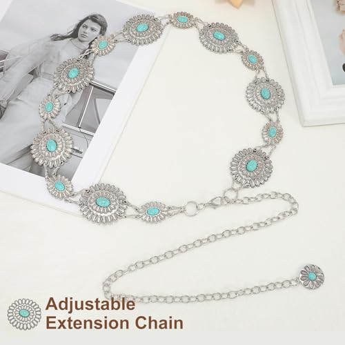 Image of WHIPPY Women Concho Chain Belt Metal Link Western Cowgirl Turquoise Chain Belt for Dress