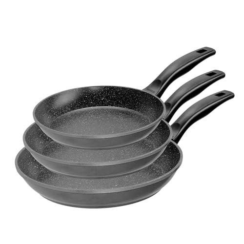 STONELINE Lot de 3 Poêles 20/24/28 cm, adaptée à l'Induction, Revêtement Antiadhésif avec de vraies particules de pierre, Cuire, Rotir et Mijoter sans Huile ni Graisse, Noir