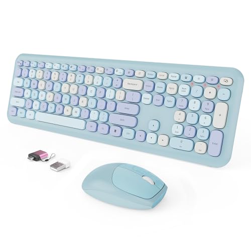 Wireless Keyboard and Mouse Combo, Colorful Ergonomic Full Size Retro Low-Noise Keyboard with Cute...