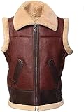 MIK Fashion Handmade Men's B-3 Aviator Shearling Brown Leather Vest, Zipper Front, Bomber Style (US, Alpha, Large, Regular, Regular, Brown)