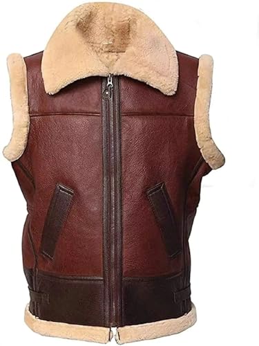 MIK Fashion Handmade Men's B-3 Aviator Shearling Brown Leather Vest, Zipper Front, Bomber Style (US, Alpha, Large, Regular, Regular, Brown)