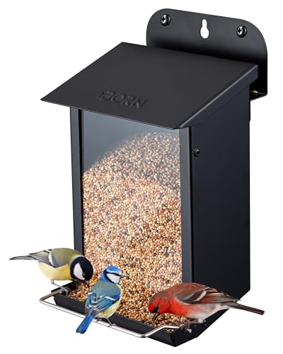 iBorn Bird Feeder for Outdoors Wall Mounted Bird Feeder Weatherproof Metal Roof Heavy Duty Metal Birdfeeder for Tree Fence Wall Screwed-in Mounting All Detachable Easy Clean 1.3Lbs Black
