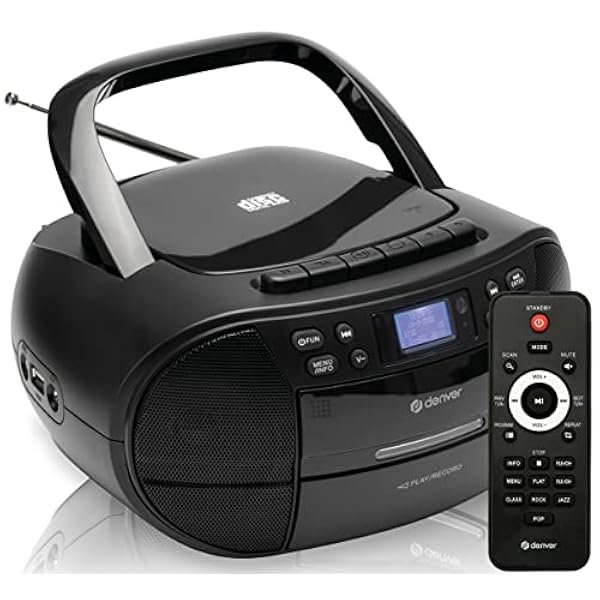 Denver DAB - Lettore CD portatile e lettore di cassette, lettore DAB e CD radio, orologio e doppio allarme, radio FM, AUX IN/USB/rete o alimentazione della batteria, TDC280