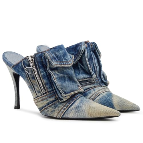 Denim Heeled Mules for Women Pointed Toe Slingback Pumps Slip-on Stiletto High Heel Jeans Mules Slides Fashion Casual Backless Dress Shoes4