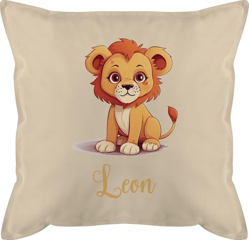Kissen 50x50 - Löwen - Löwe König der Tiere LEU mit Namen - Zootiere Tiermotiv - 50 x 50 cm - Beige Natur - personalisiertes kinderkissen Kindergarten löwenmotiv Leon Kinder personalisierte Tier