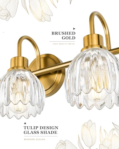 Image of 3-Light Gold Bathroom Vanity Light with Clear Tulip Glass Shade | 21 Inch Bathroom Lights Fixtures, Brass Vanity Lighting Fixtures Over Mirror, E26 Base, ETL Listed, AD-22282-3W-GD-C