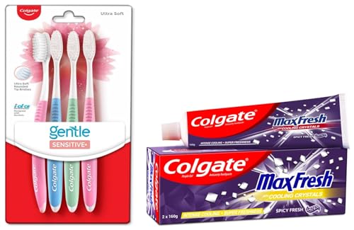 Image of Colgate MaxFresh 320g (160g x 2, pack of 2) Toothpaste, Purple Gel Paste with Menthol for Super Fresh Breath & Colgate Sensitive Soft Bristles Manual Toothbrush for adults - 4 Pcs, Multicolor