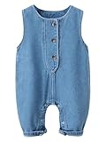 Ärmelloser Baby Denim Strampler Mädchen Jungen, Knopfverschluss, gestaltet mit Druckknöpfen im Schritt, einfach an- und auszuziehen und zu wechseln. es wird empfohlen, kalt von Hand zu waschen und zum Trocknen aufzuhängen