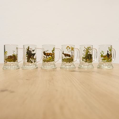 6 teiliges Schnaps Krügle Krügerl Gläser Set mit farbigen Jagdmotiv - 2 cl -